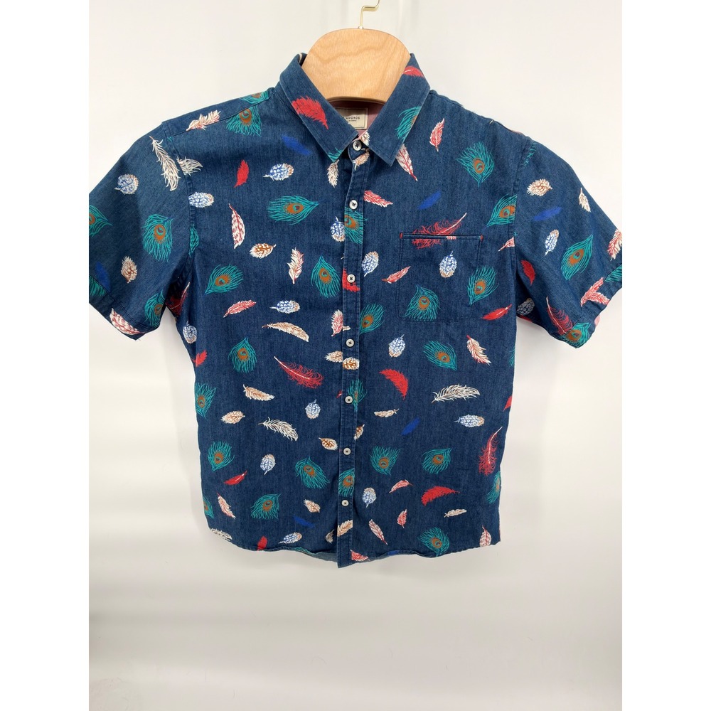 7 Diamonds Moonage Daydream Mens XL Blue Peacock Feather Short Sleeve Shirt